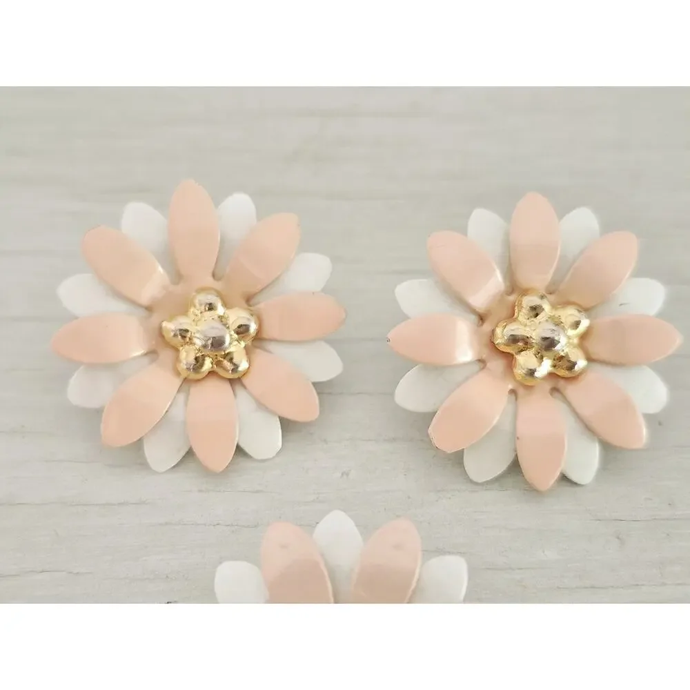 Blush Pink and White Layered Enamel Metal Flower Brooch and Earring Set
